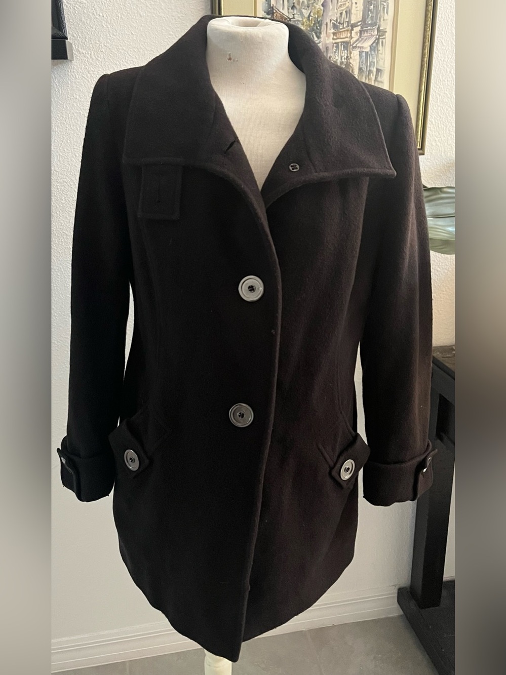Kristen Blake Black Wool Pea Coat with Button Details